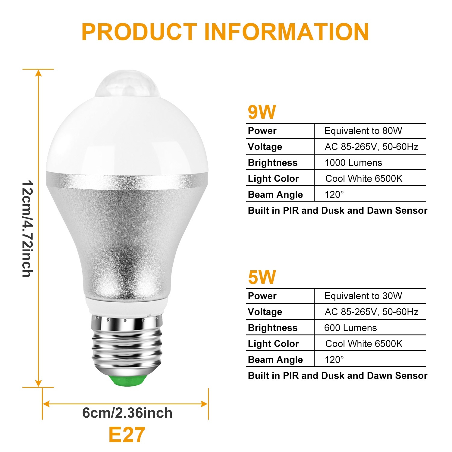 E27 Motion Sensor Light Bulb 9W 6500K Dusk To Dawn Automatic On-Off LED Light Bulb Indoor Outdoor Use - Image 3