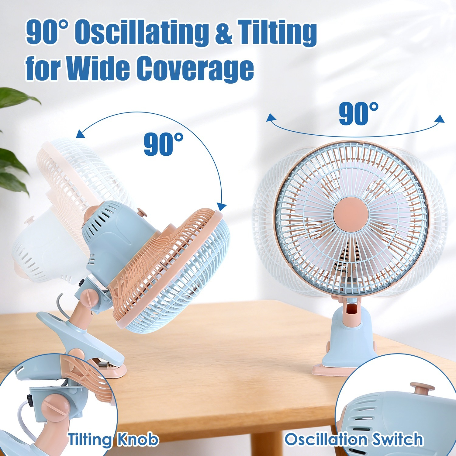8.66In Oscillating Clip On Fan 2 Speeds Quiet Clamp Fan With 90 Degree Oscillating & Tilting Angle Desktop Wall Mount For Home Office Dorms Strollers - Image 3
