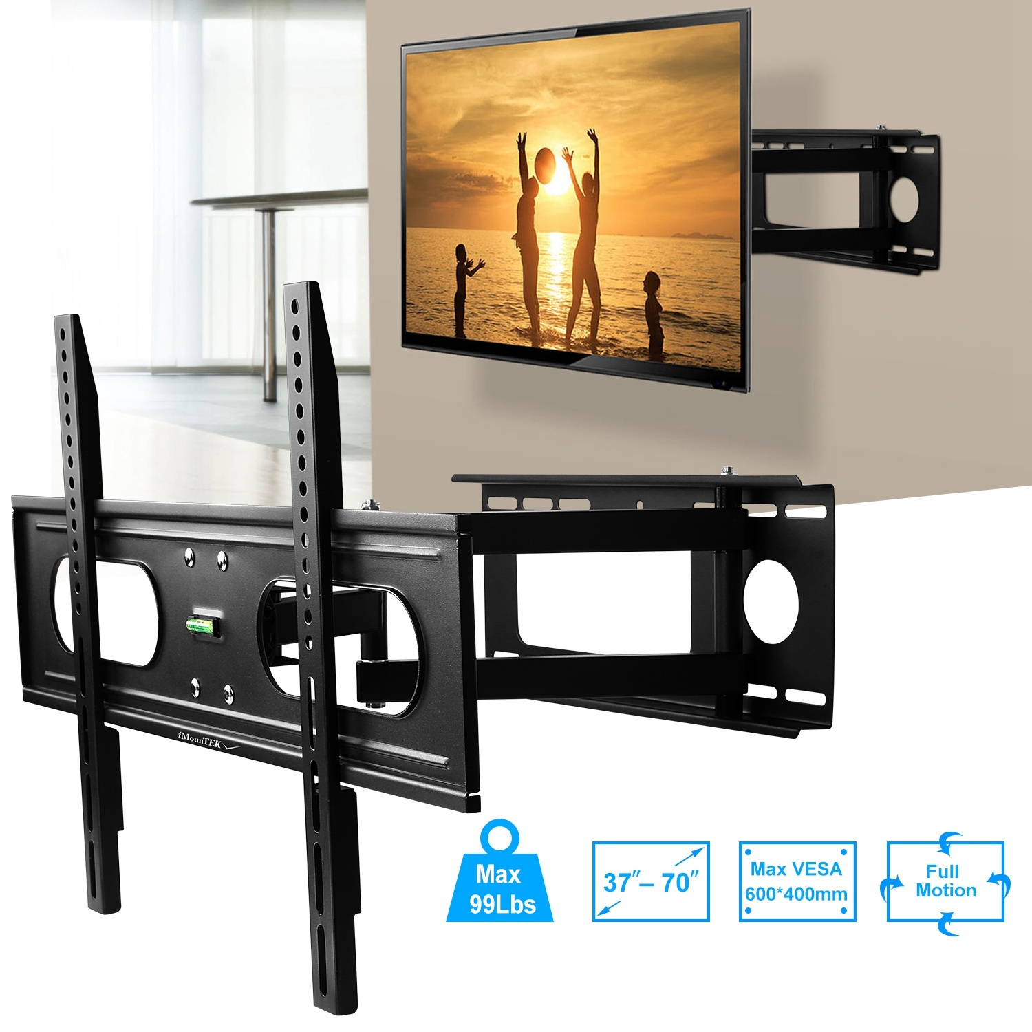 1Pc Full Motion TV Wall Mount Swivel Tilt TV Wall Rack Support 37in To 70in TV Wall Mount Max VESA Up To 600x400mm Holds Up To 99LBS - Image 9