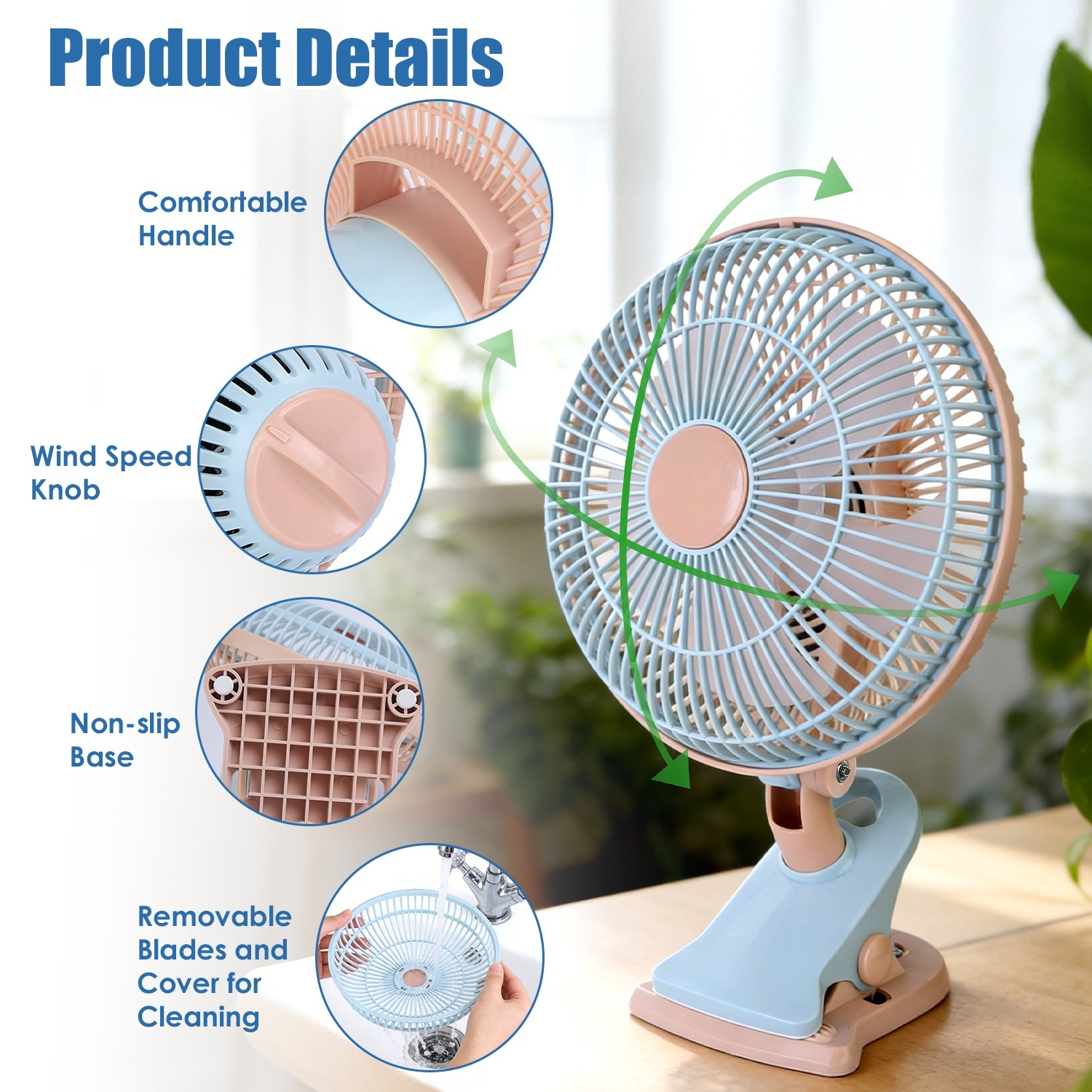 8.66In Oscillating Clip On Fan 2 Speeds Quiet Clamp Fan With 90 Degree Oscillating & Tilting Angle Desktop Wall Mount For Home Office Dorms Strollers - Image 10